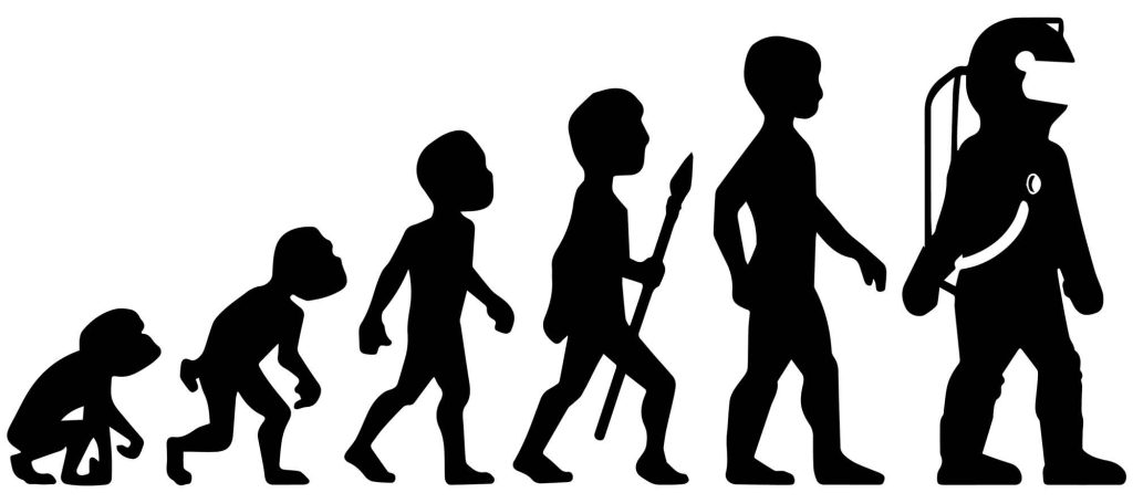 Mankind evolution from chimps to space dweller.